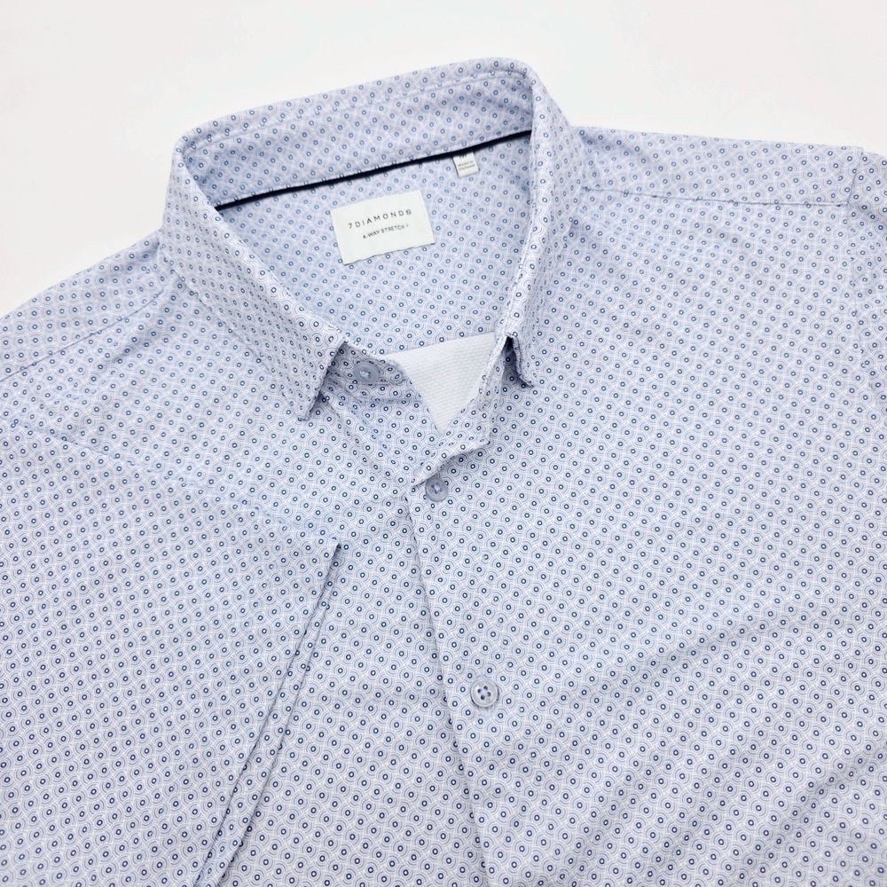 7 Diamonds 4-Way Stretch Mens Medium Blue Geometric Short Sleeve Button Down